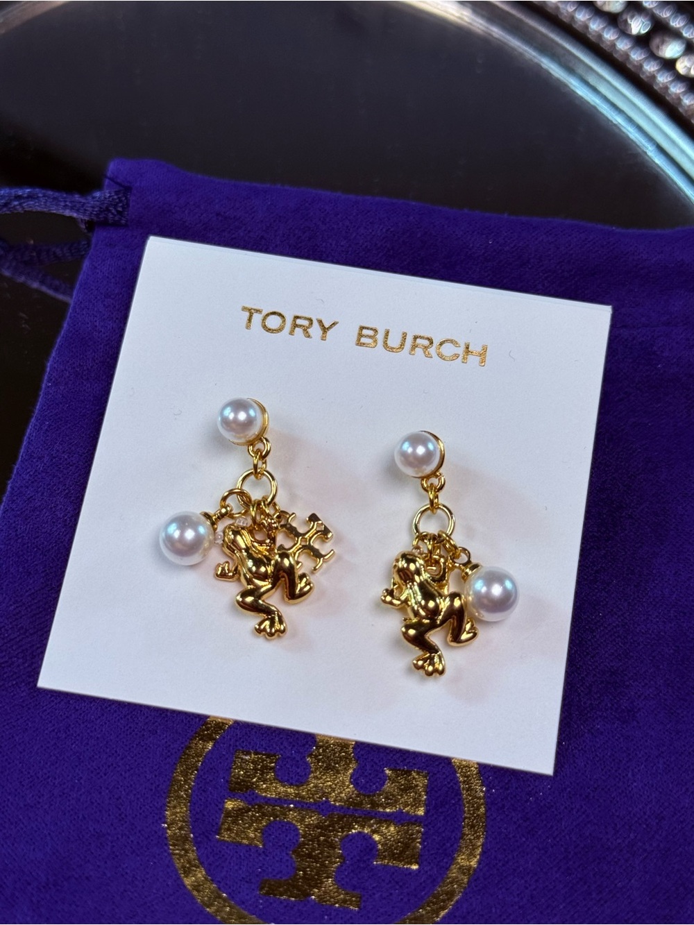 Tory Burch Gold Tone Frog Faux Pearl Drop Stud Dangle Earrings